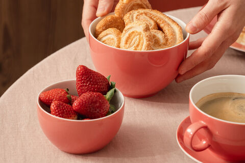 Thomas Sunny Day Soft Red Thomas Sunny Day Soft Red Schalen gefüllt mit Erdbeeren & Keksen sowie Cappuccinotasse