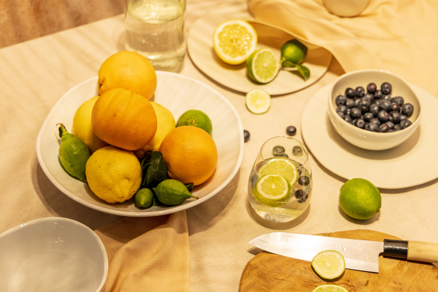Mediterranean tableware by Thomas with citrus fruits, blueberries, and a glass of water with lime – a summer table setting in warm natural tones.