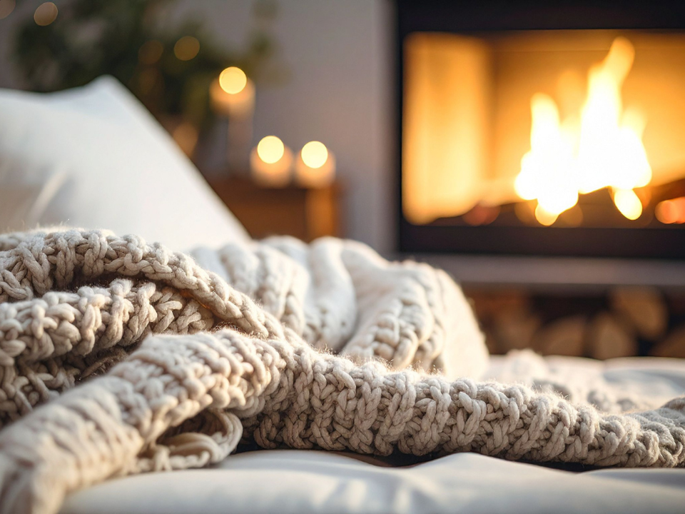 Soft knitted blanket by fireplace