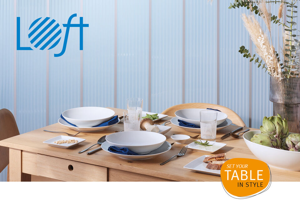 Thomas Loft White Wooden table set with Thomas Loft white dinnerware