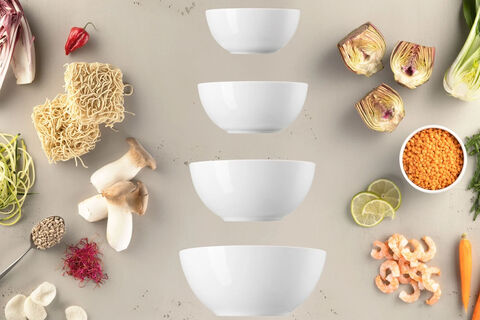 Thomas Daily Bowls Weiß GVier Thomas Bowl-Schüsseln in Weiß in verschiedenen Größen übereinander schwebend