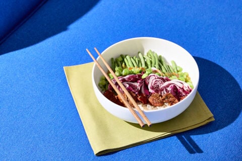 Thomas Sensai bowl filled with asian-looking dish with stick laying on it on a blue couch as background