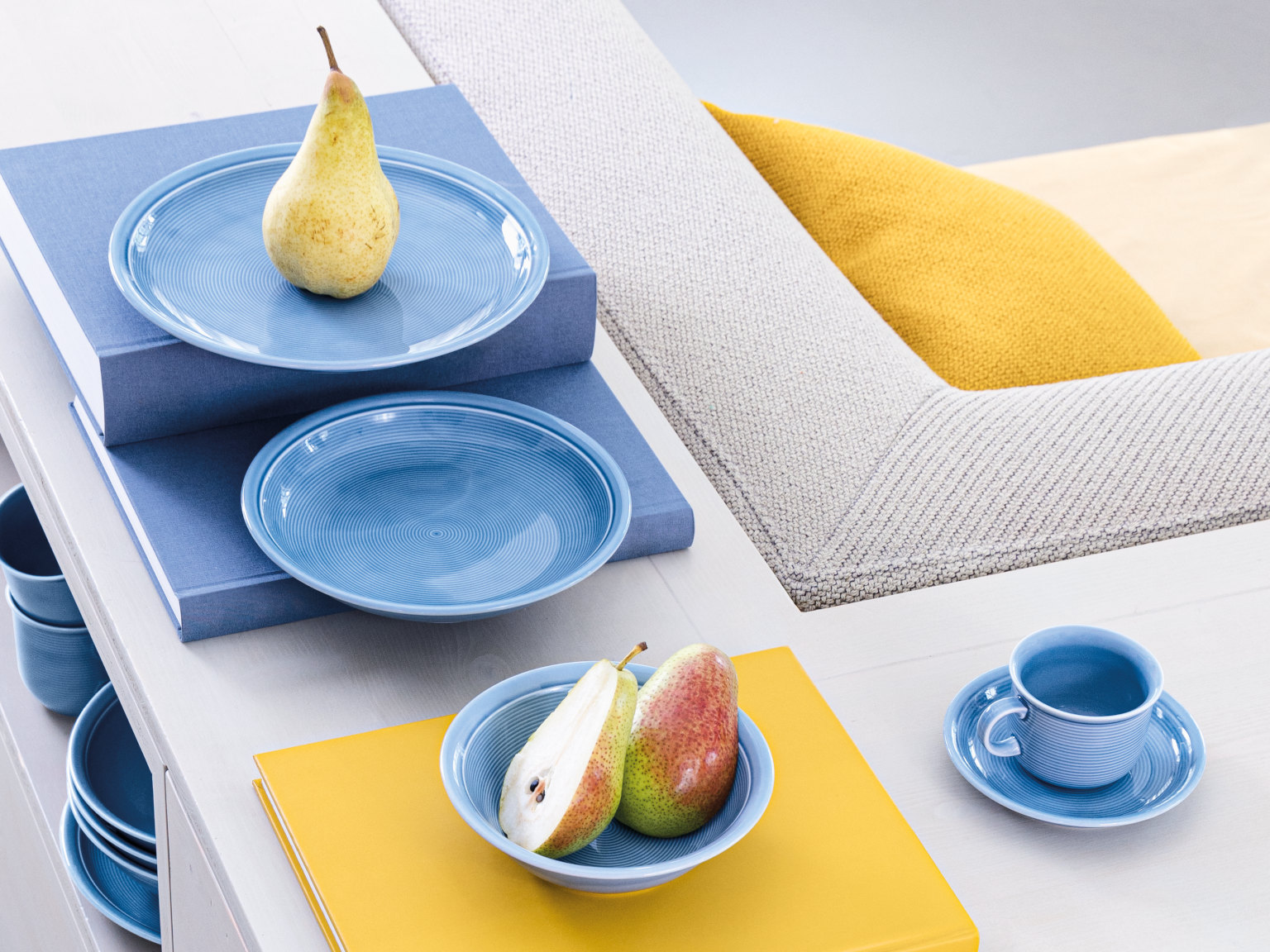 Thomas Trend Arctic Blue plates and cup decorated with peer and apples on a board