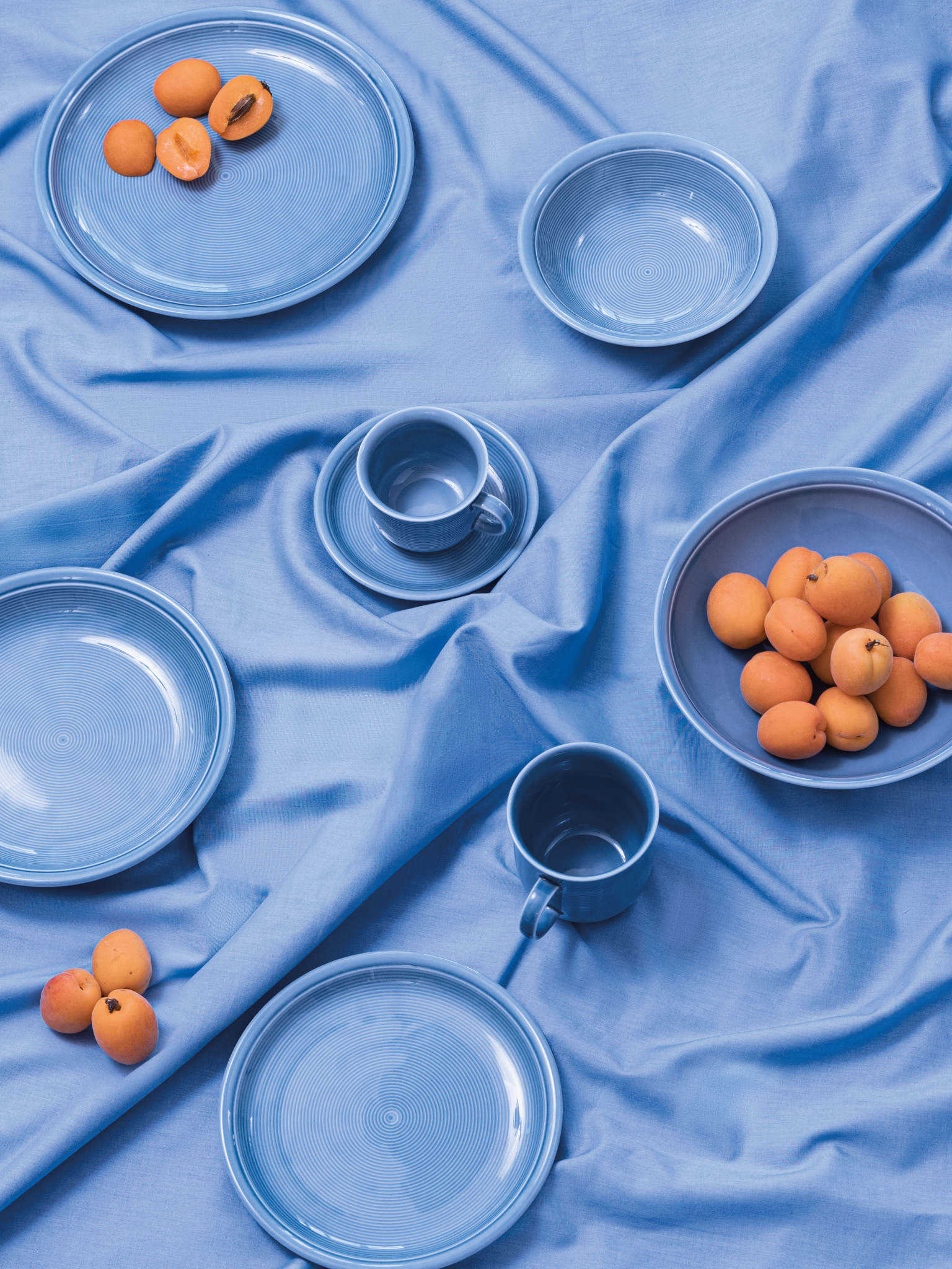Thomas Trend Arctic Blue Teller und Tassen auf blauer Tischdecke mit Aprikosen dekoriert